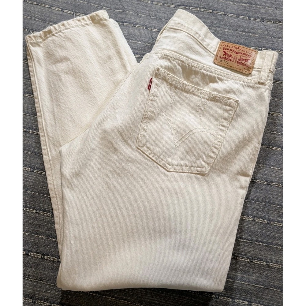 Levis 501 CT Women Distressed Jeans White Custom Tapered Button Fly 34x28 Actual